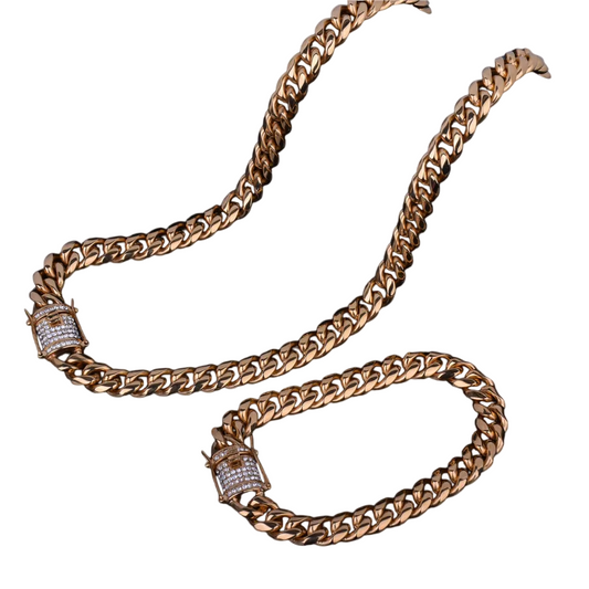 Iced Out Clasp Cuban Chain & Bracelet Set // 14MM