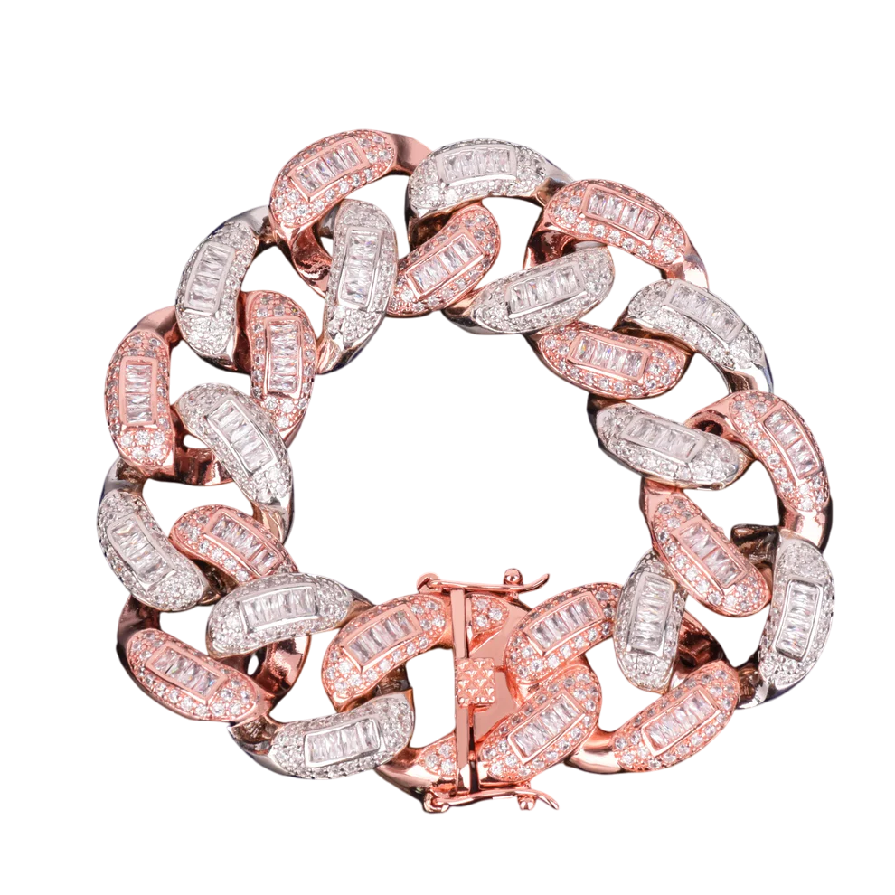 Iced Out Rose & White Gold Fusion Baguette Miami Cuban Link Bracelet // 22MM