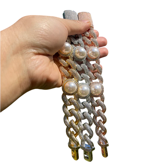 Iced Out Luxury Fusion Pearl & CZ Cuban Link Bracelet