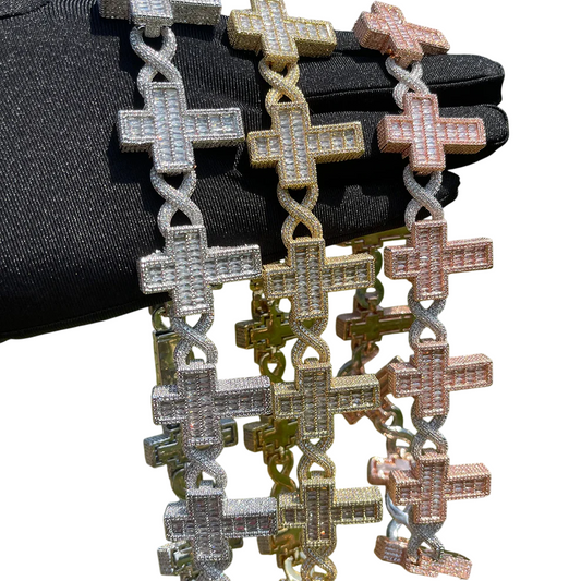 Iced Out Baguette Cross & Infinity Links Bracelet