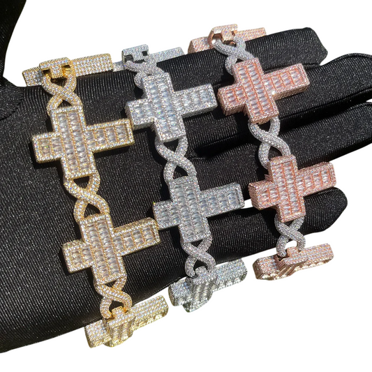 Iced Out Baguette Cross & Infinity Links Bracelet