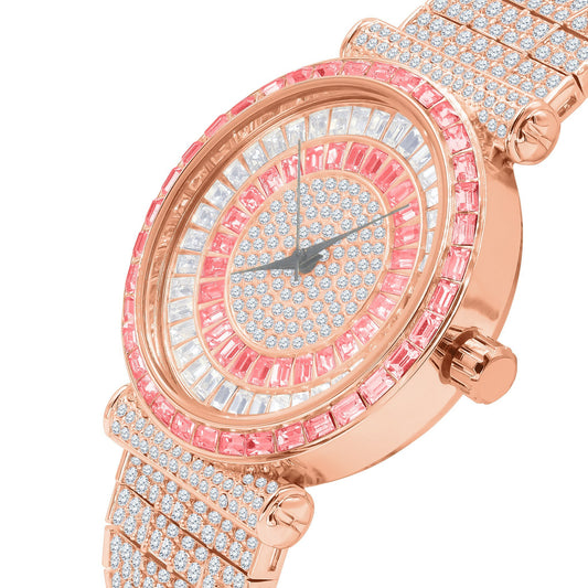 ICED BAGUETTE STONE WATCH // WHITE X PINK GOLD