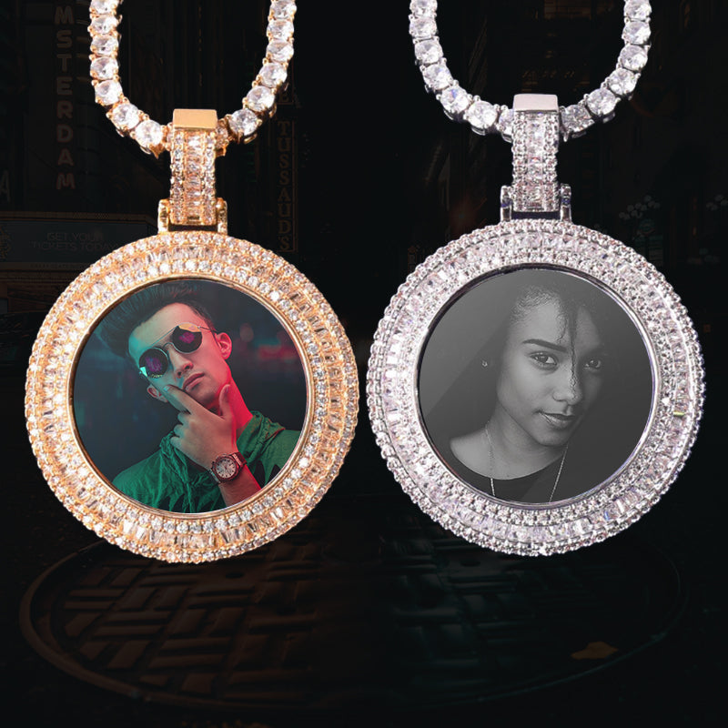ICED OUT ROUND BAGUETTE DIAMOND PHOTO MEDALLION + CHAIN