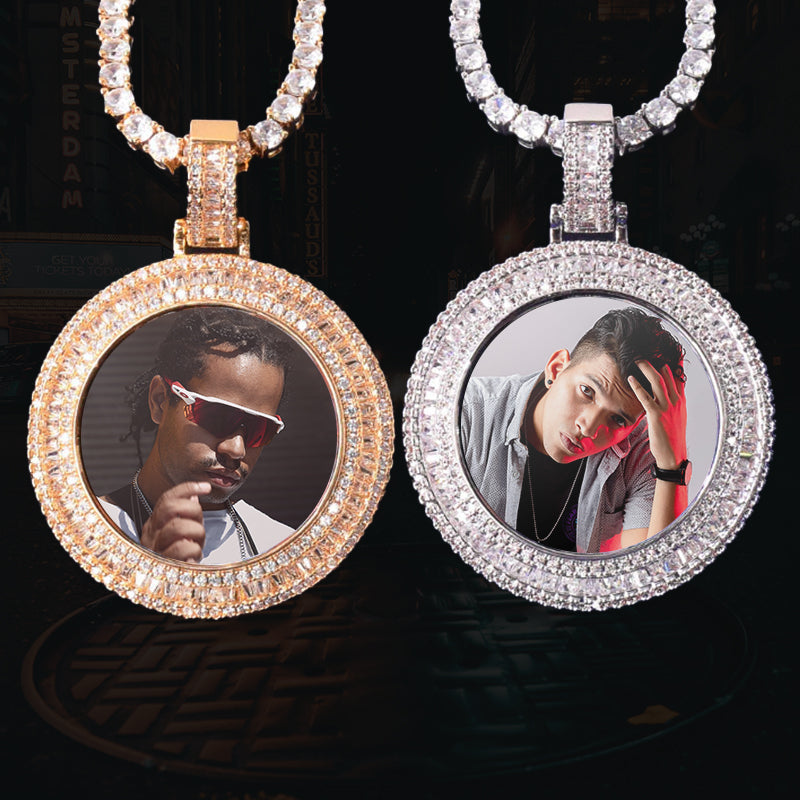 ICED OUT ROUND BAGUETTE DIAMOND PHOTO MEDALLION + CHAIN