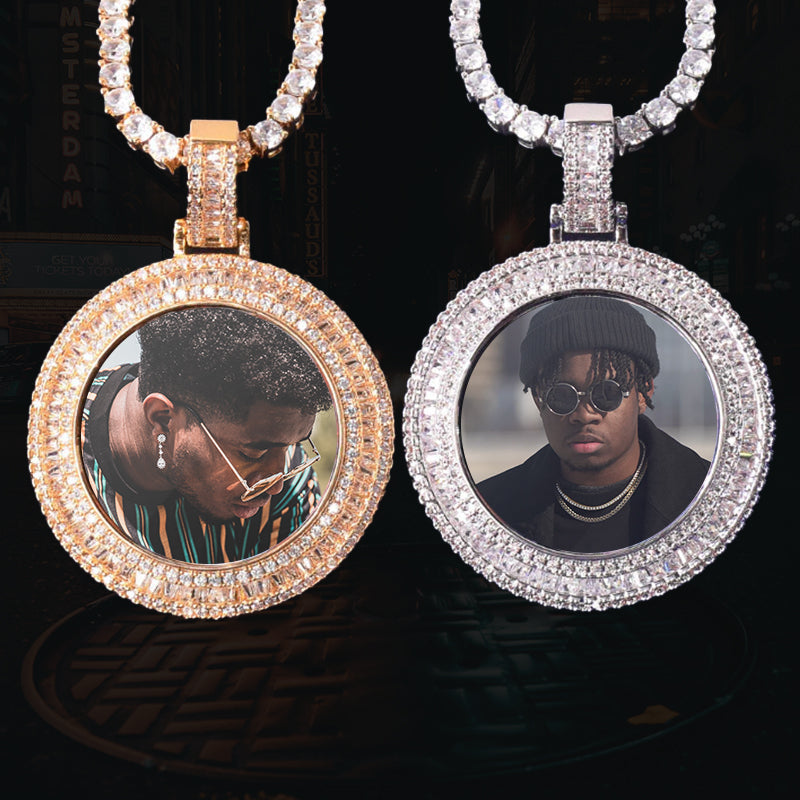 ICED OUT ROUND BAGUETTE DIAMOND PHOTO MEDALLION + CHAIN