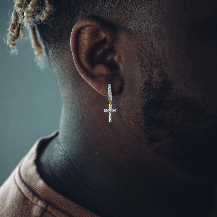 ICED ROUND CUT CROSS DANGLY HOOP EARRINGS IN YELLOW GOLD