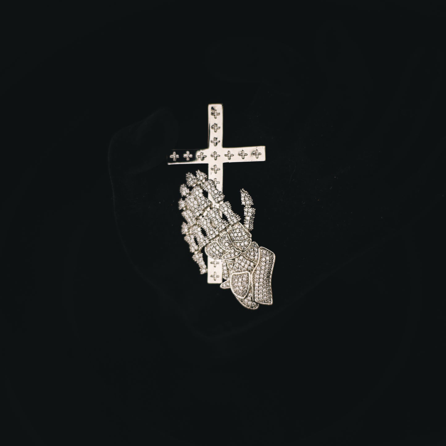 SKELETON PRAYING HANDS CROSS PENDANT + CHAIN