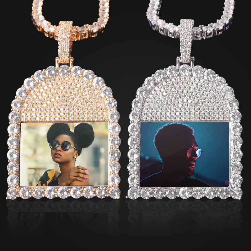ICED OUT ROUND CUT TOMBSTONE PHOTO PENDANT + CHAIN