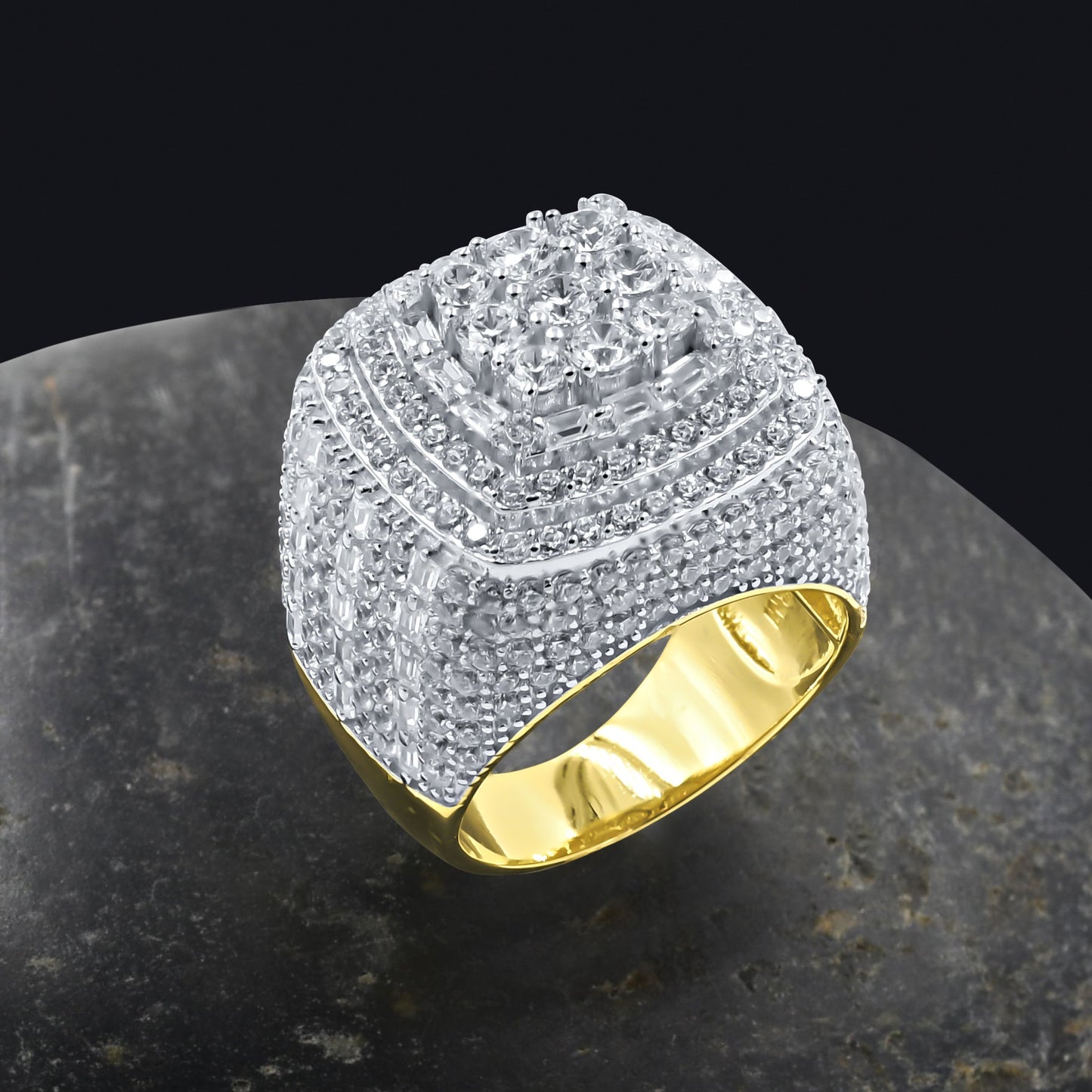 THREE ROW STONE EMBEDED RING // ICED X BAGUETTE YELLOW GOLD