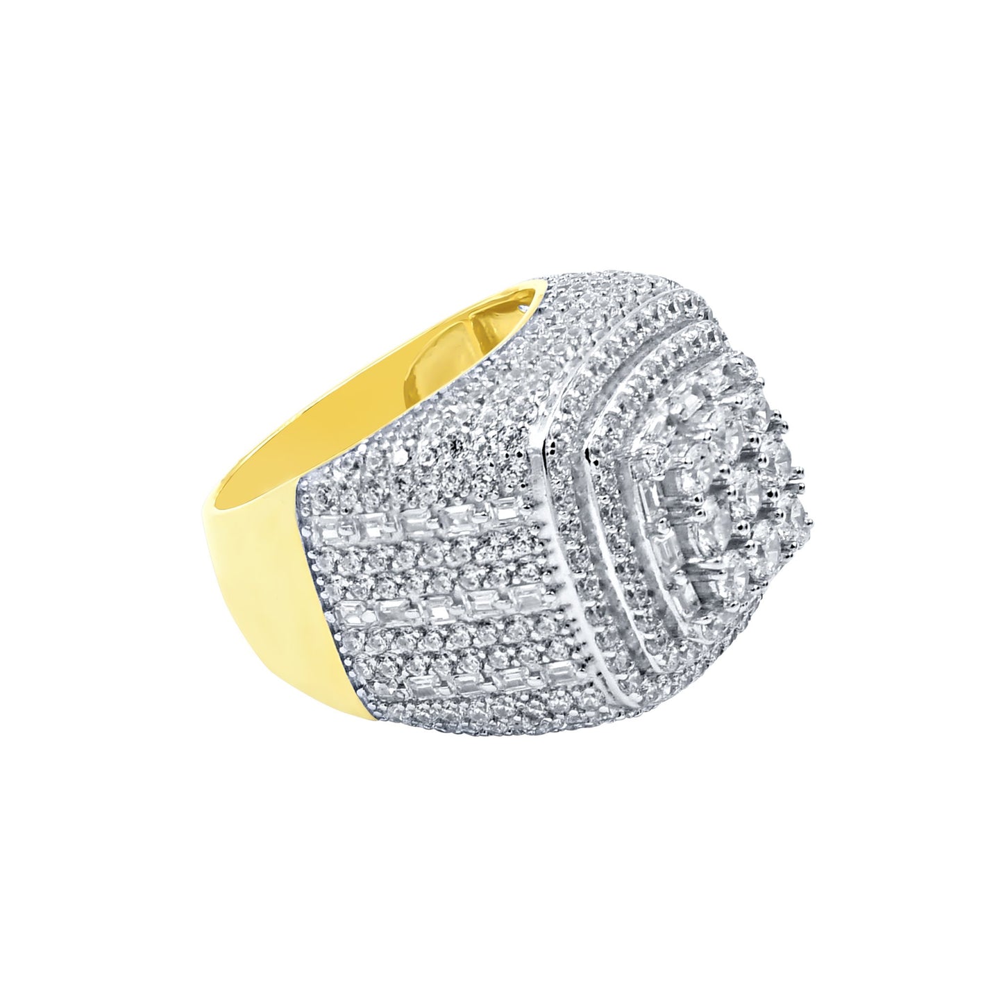 THREE ROW STONE EMBEDED RING // ICED X BAGUETTE YELLOW GOLD