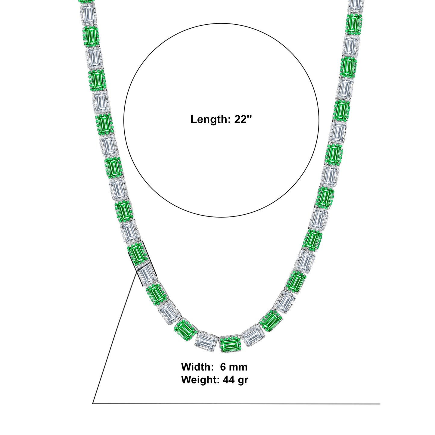 RECT CUT BAGUETTE TENNIS CHAIN // WHITE GOLD X GREEN 6MM