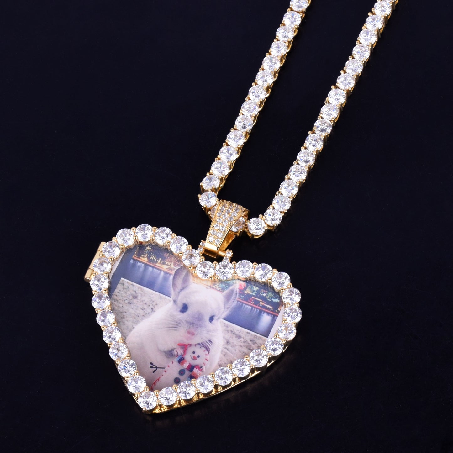 ICED LARGE STONE HEART CUSTOM PHOTO MEDALLION PENDANT + NECKLACE