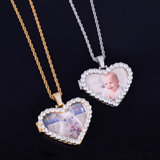 ICED LARGE STONE HEART CUSTOM PHOTO MEDALLION PENDANT + NECKLACE