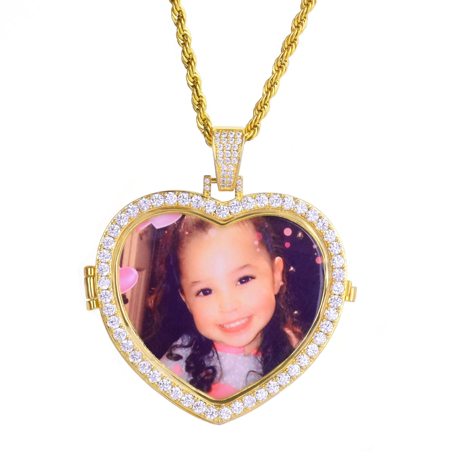 ICED SMALL STONE HEART CUSTOM PHOTO MEDALLION PENDANT + NECKLACE