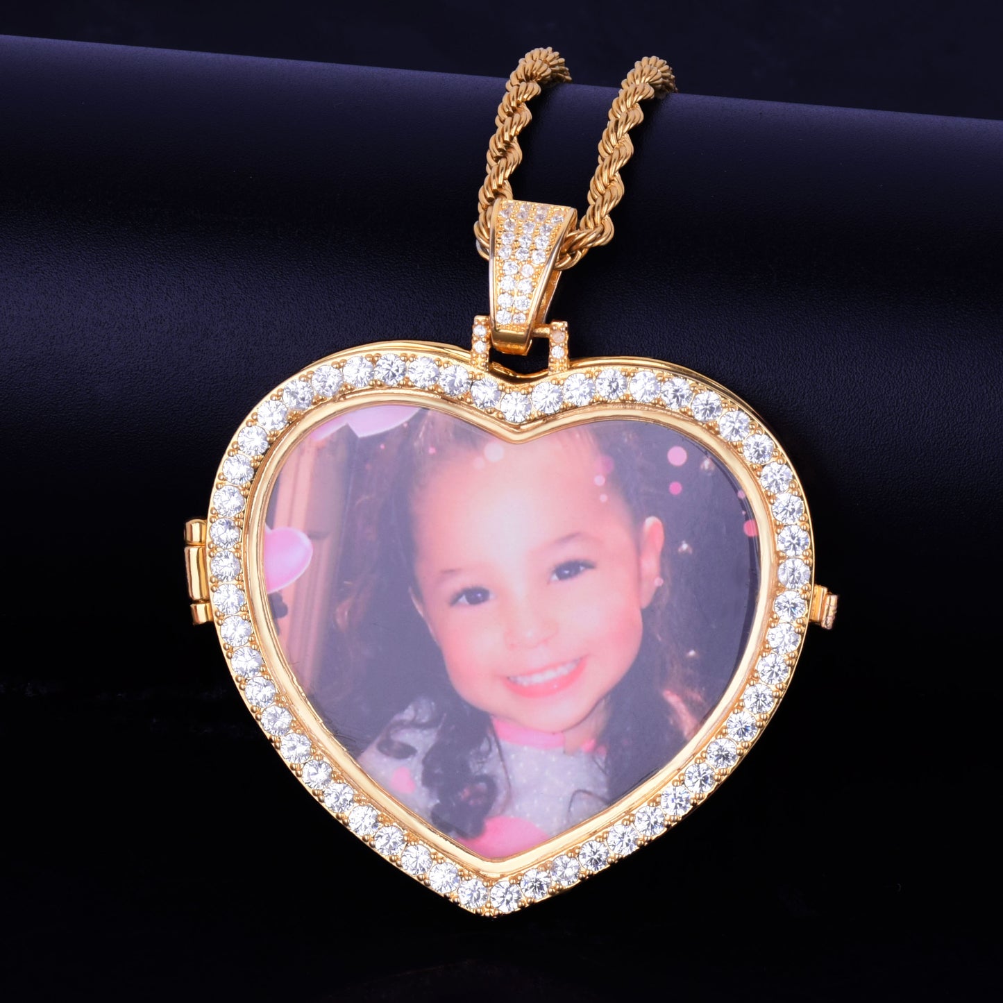 ICED SMALL STONE HEART CUSTOM PHOTO MEDALLION PENDANT + NECKLACE
