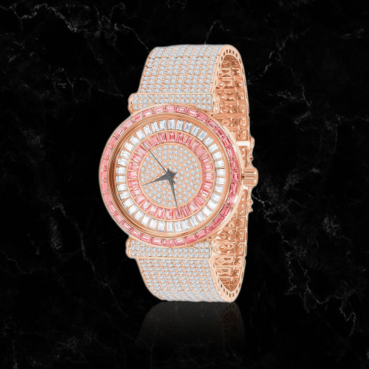 ICED BAGUETTE STONE WATCH // WHITE X PINK GOLD