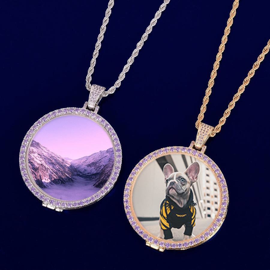 LARGE PURPLE DIAMOND PHOTO MEDALLION + CHAIN