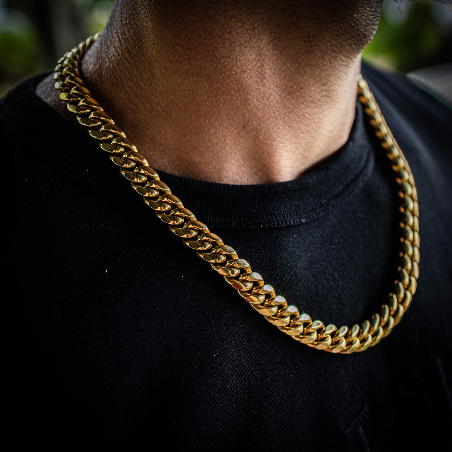 12MM PLAIN JANE CUBAN IN YELLOW GOLD