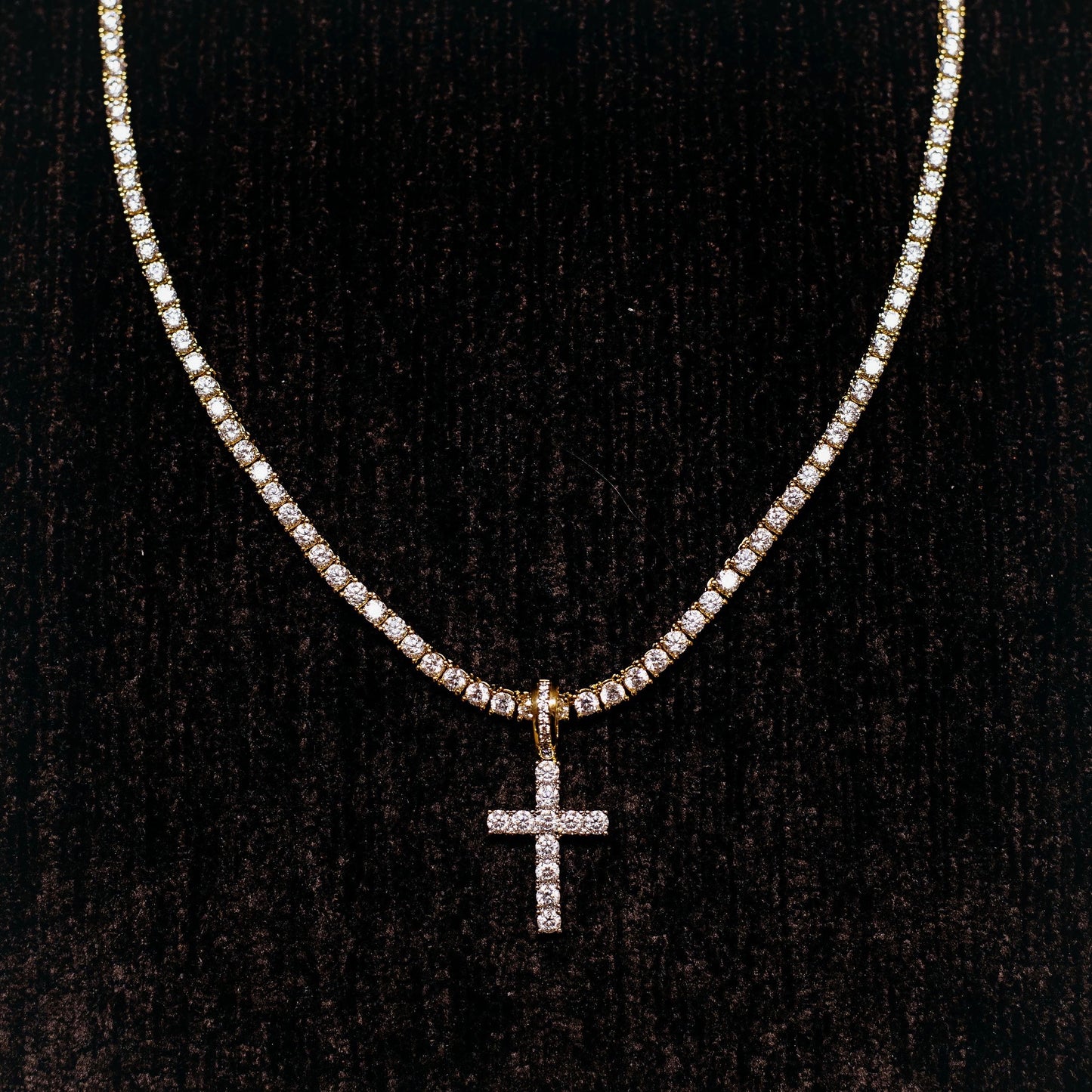 WOMENS 3MM ROUND CUT TENNIS CHAIN + CROSS SET