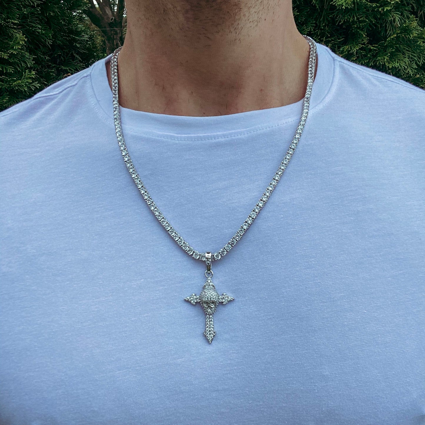 ICED CROSS SKULL PENDANT + CHAIN