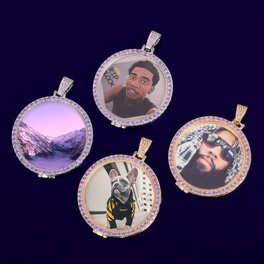 LARGE PURPLE DIAMOND PHOTO MEDALLION + CHAIN