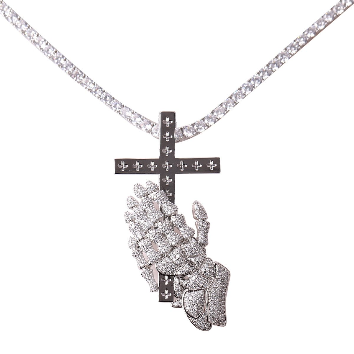SKELETON PRAYING HANDS CROSS PENDANT + CHAIN