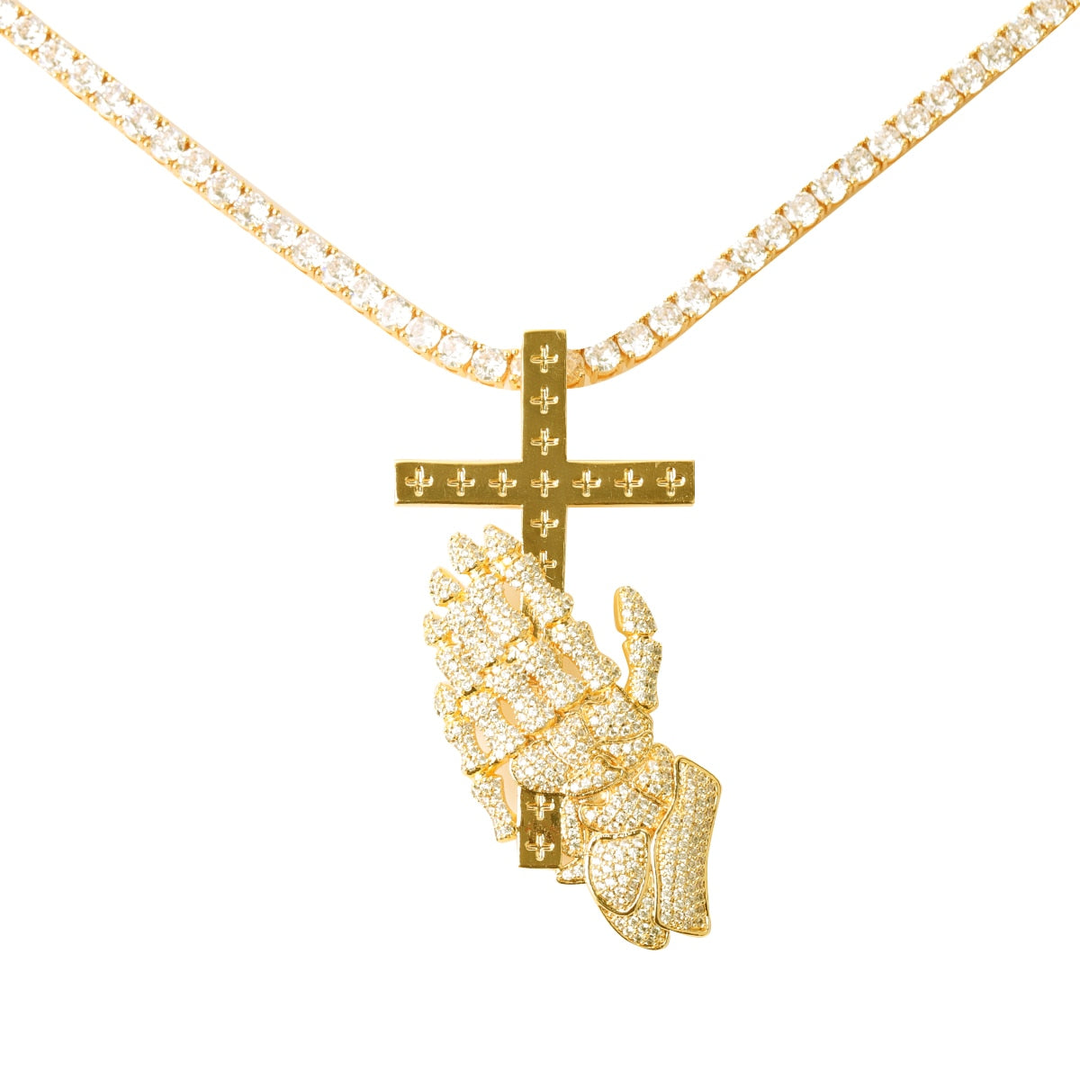 SKELETON PRAYING HANDS CROSS PENDANT + CHAIN