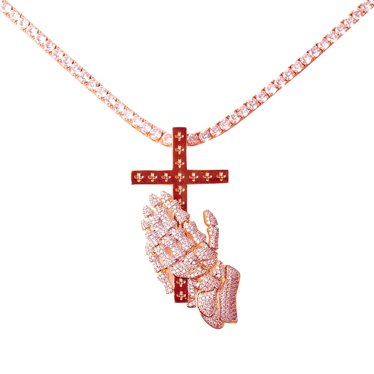 SKELETON PRAYING HANDS CROSS PENDANT + CHAIN