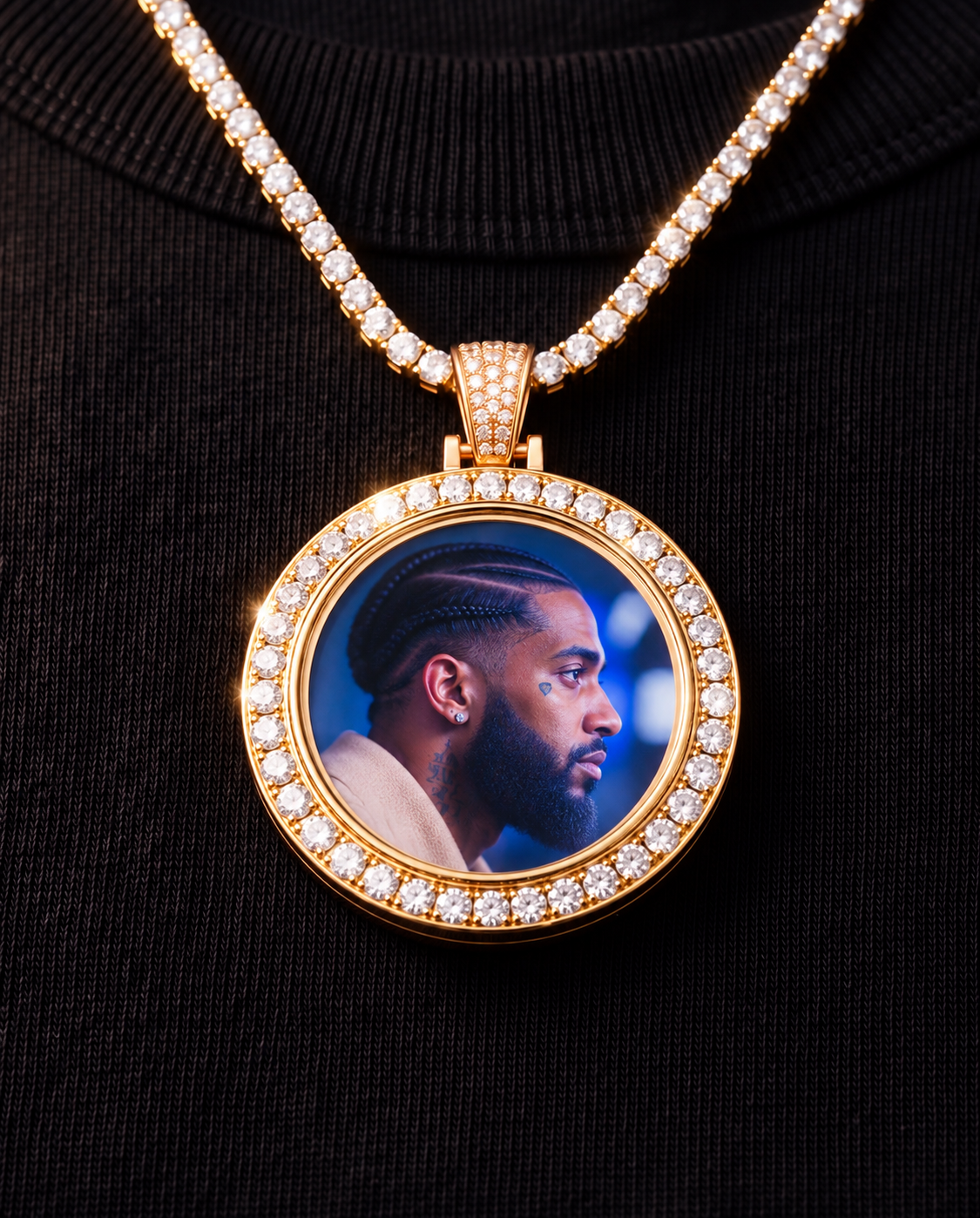 The medallion worn on a black t-shirt