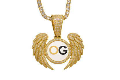 Custom Iced Out Angel Wing Round Photo Pendant