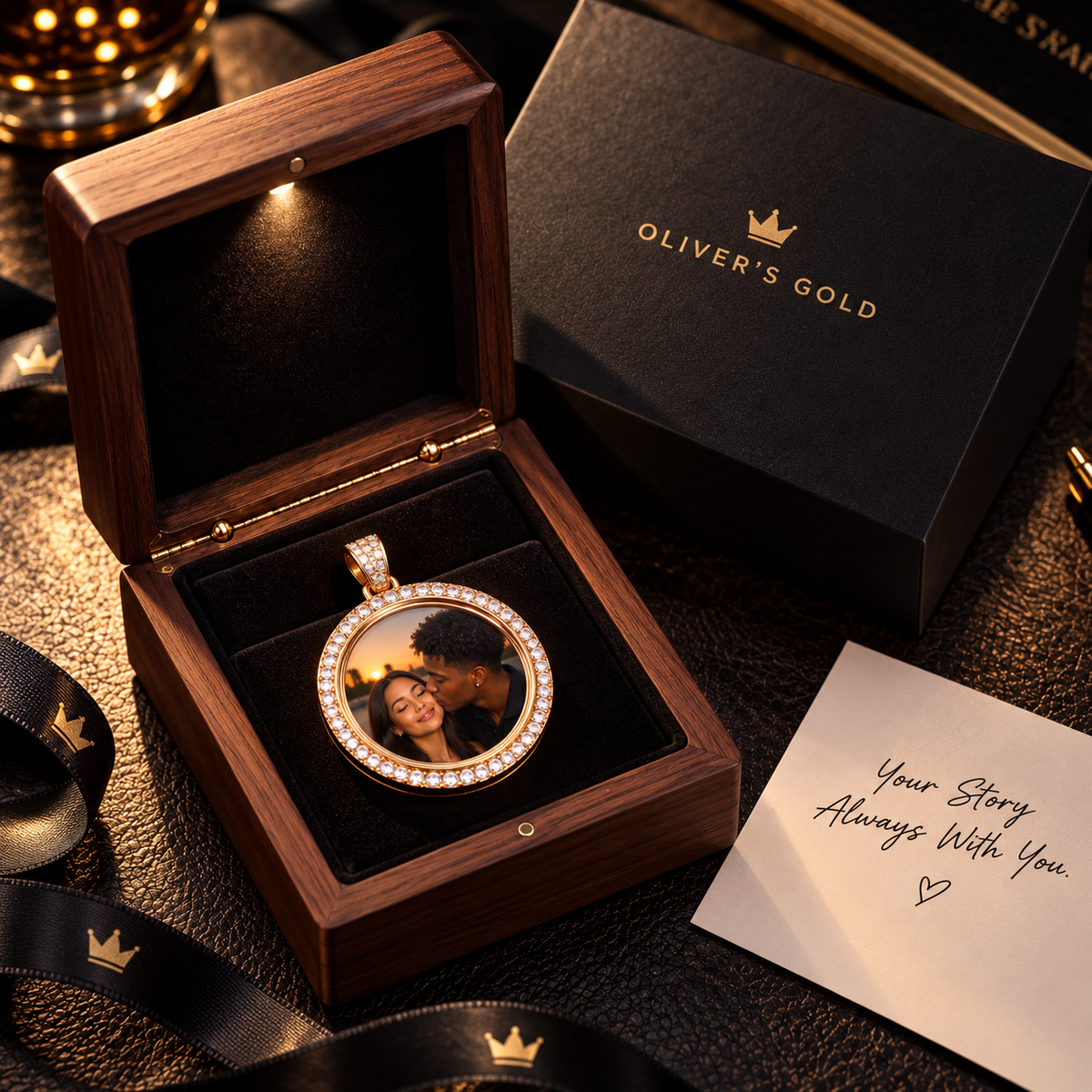 The medallion in an open presentation box beside a blank card