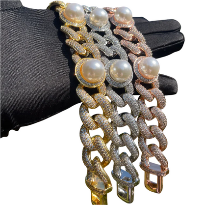 Iced Out Luxury Fusion Pearl & CZ Cuban Link Bracelet