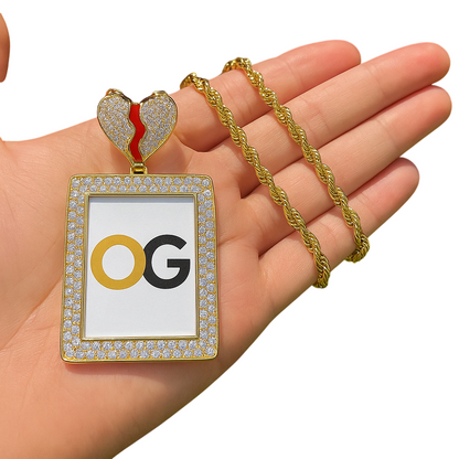 Custom Iced Out Broken Heart Rectangle Photo Pendant