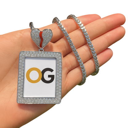 Custom Iced Out Broken Heart Rectangle Photo Pendant