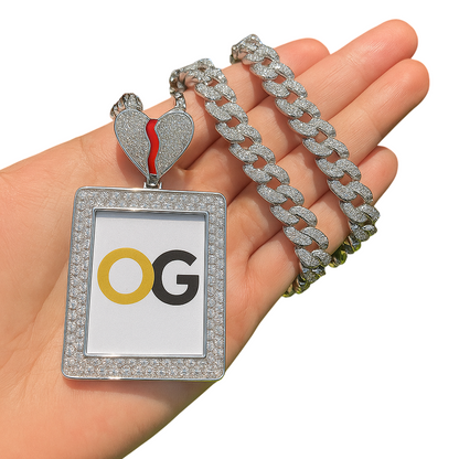 Custom Iced Out Broken Heart Rectangle Photo Pendant