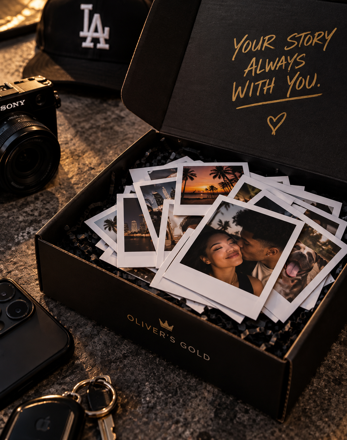 An open shoebox of loose photographic prints beside a window
