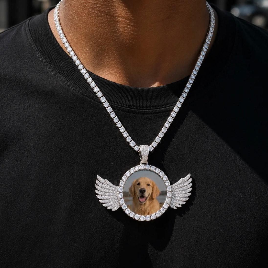 CUSTOM ANGEL WINGS PHOTO PENDANT MEDALLION + CHAIN