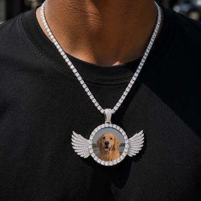 CUSTOM ANGEL WINGS PHOTO PENDANT MEDALLION + CHAIN