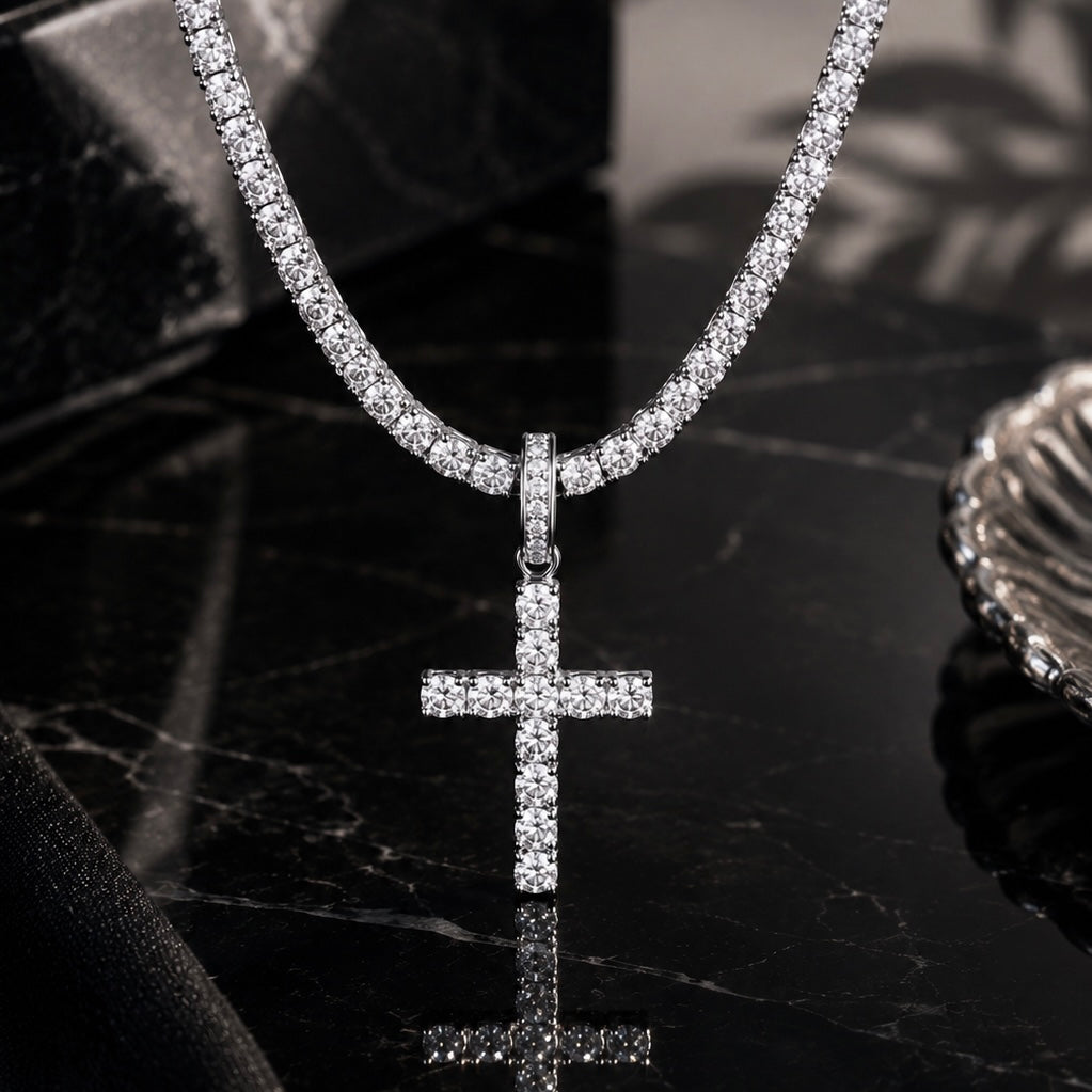 3MM ROUND CUT TENNIS CHAIN + CROSS PENDANT SET