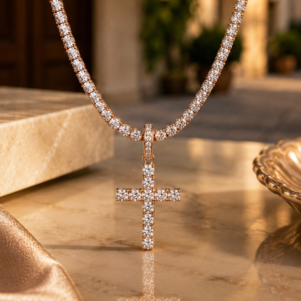 3MM ROUND CUT TENNIS CHAIN + CROSS PENDANT SET
