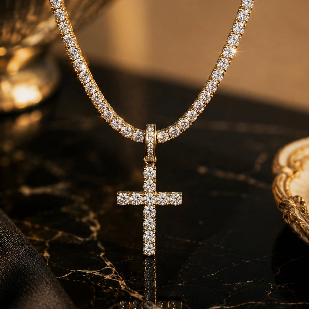 3MM ROUND CUT TENNIS CHAIN + CROSS PENDANT SET