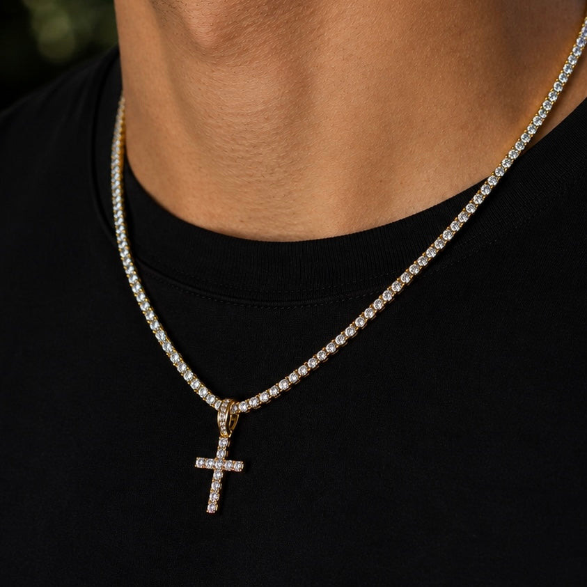 3MM ROUND CUT TENNIS CHAIN + CROSS PENDANT SET