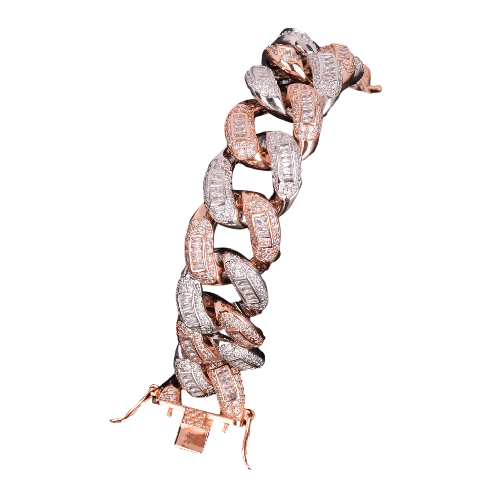 Iced Out Rose & White Gold Fusion Baguette Miami Cuban Link Bracelet // 22MM