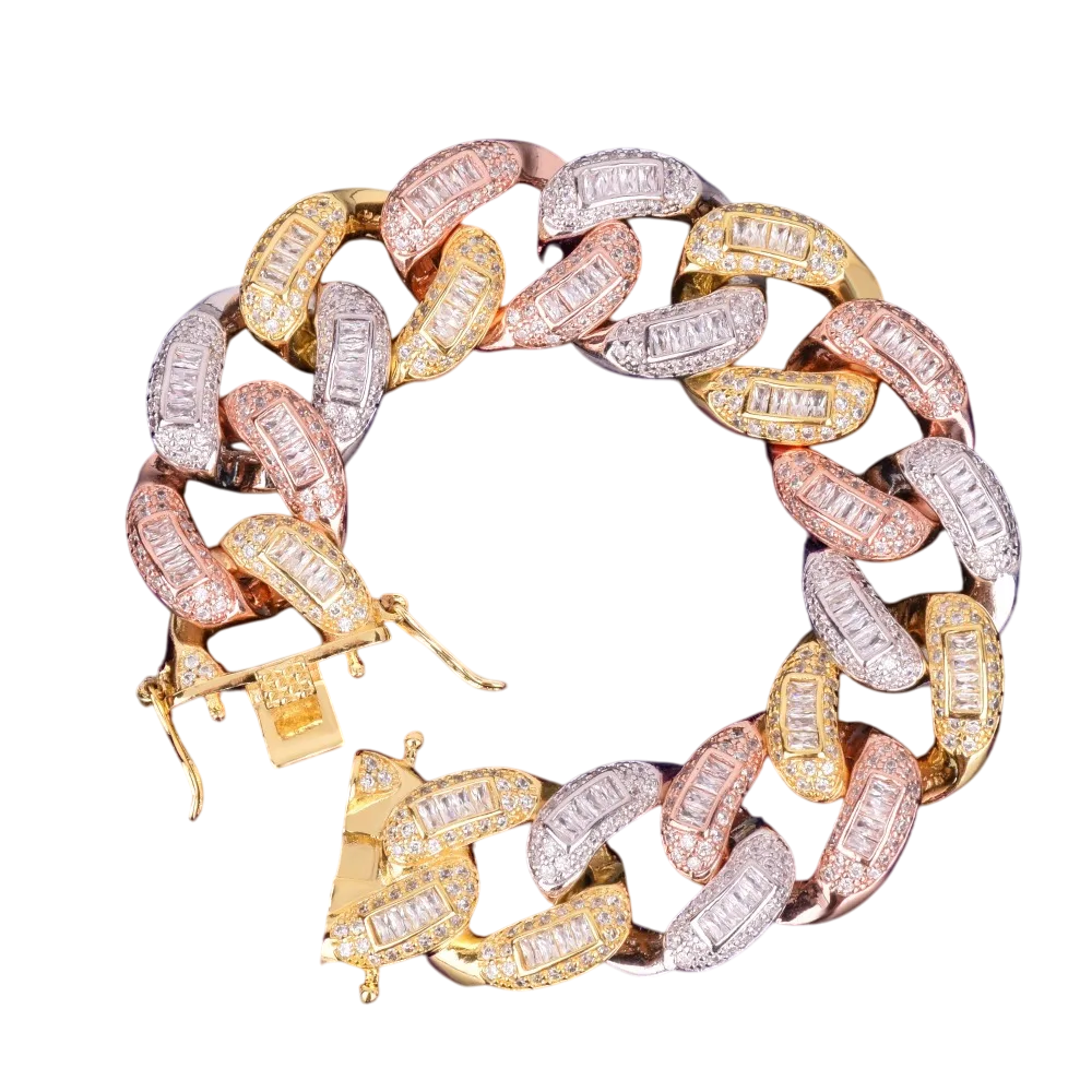 Iced Out Tri-Tone Baguette Miami Cuban Link Bracelet // 22MM