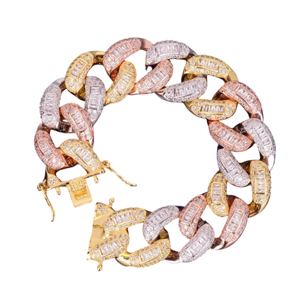 Iced Out Tri-Tone Baguette Miami Cuban Link Bracelet // 22MM