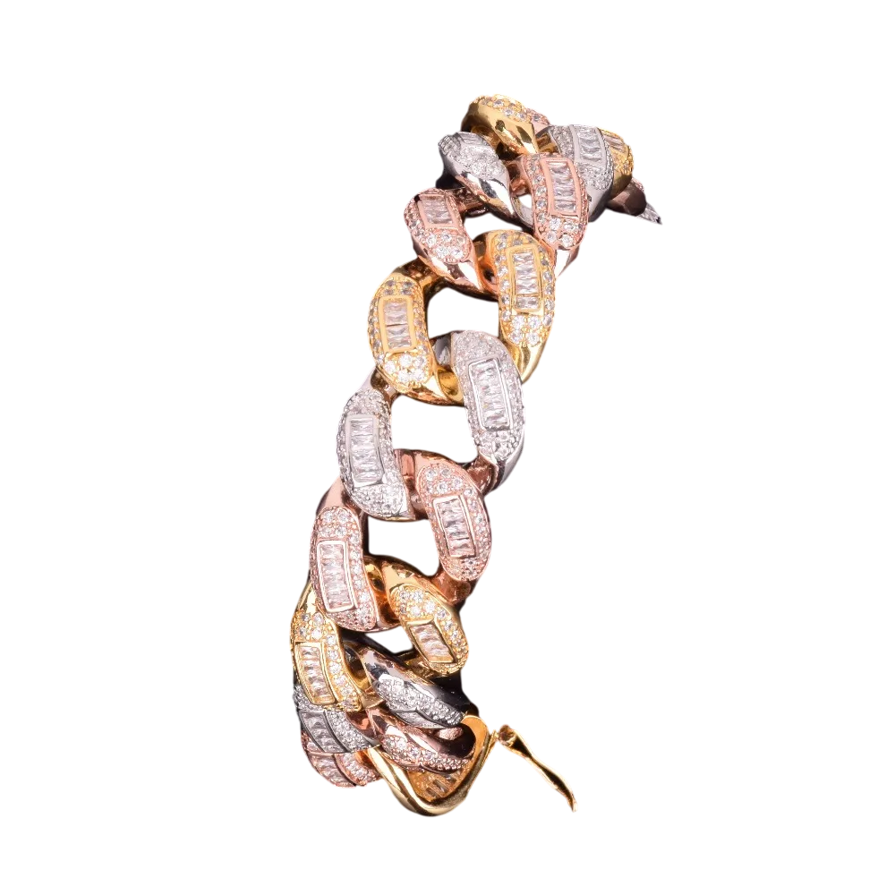 Iced Out Tri-Tone Baguette Miami Cuban Link Bracelet // 22MM