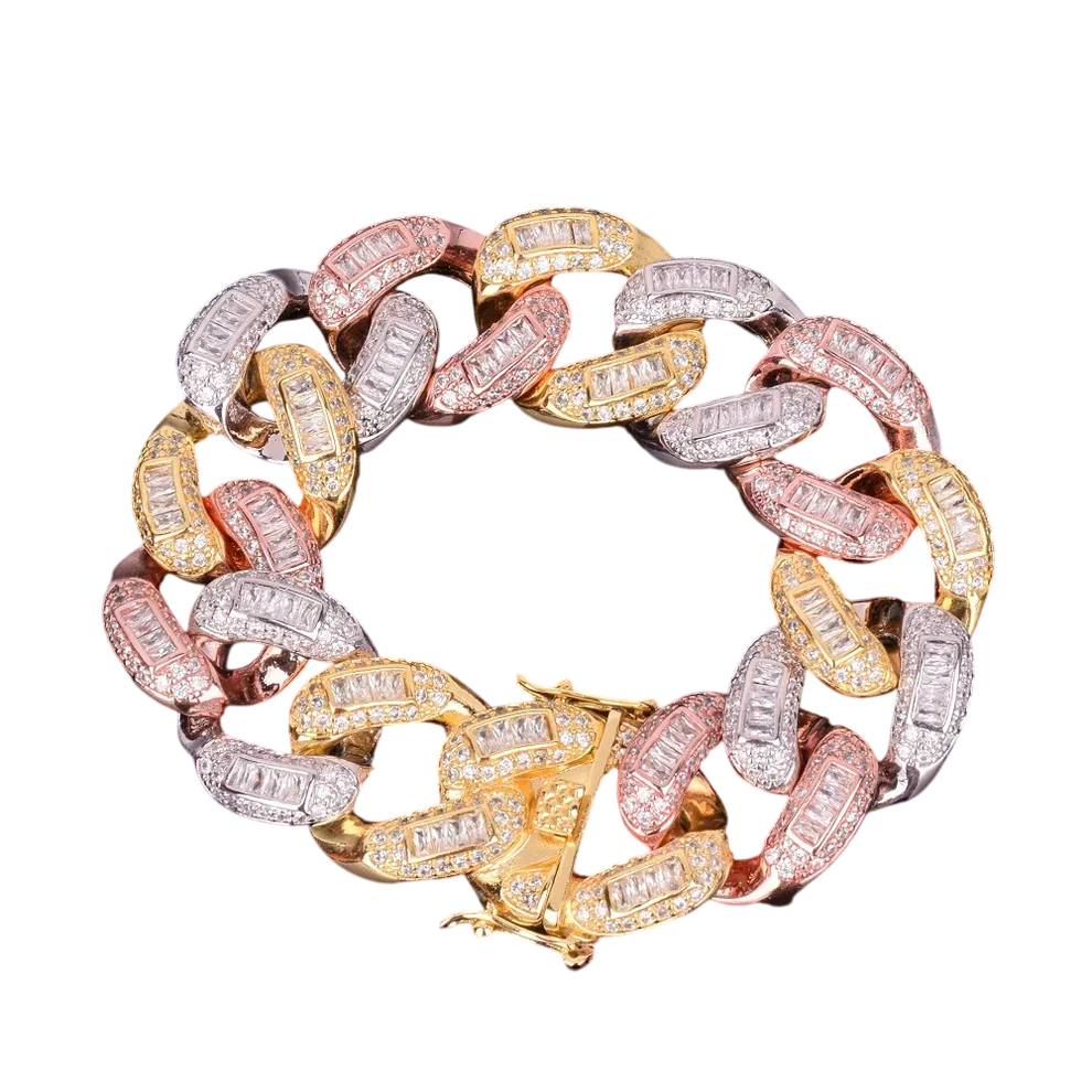 Iced Out Tri-Tone Baguette Miami Cuban Link Bracelet // 22MM