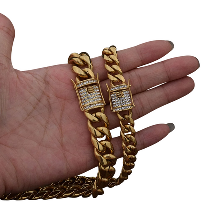 Iced Out Clasp Cuban Chain & Bracelet Set // 14MM