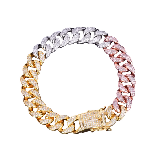 Iced Out Tri-Tone Fusion Miami Cuban Link Bracelet // 14mm
