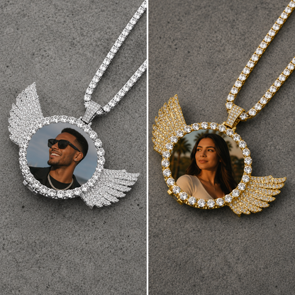 CUSTOM ANGEL WINGS PHOTO PENDANT MEDALLION + CHAIN